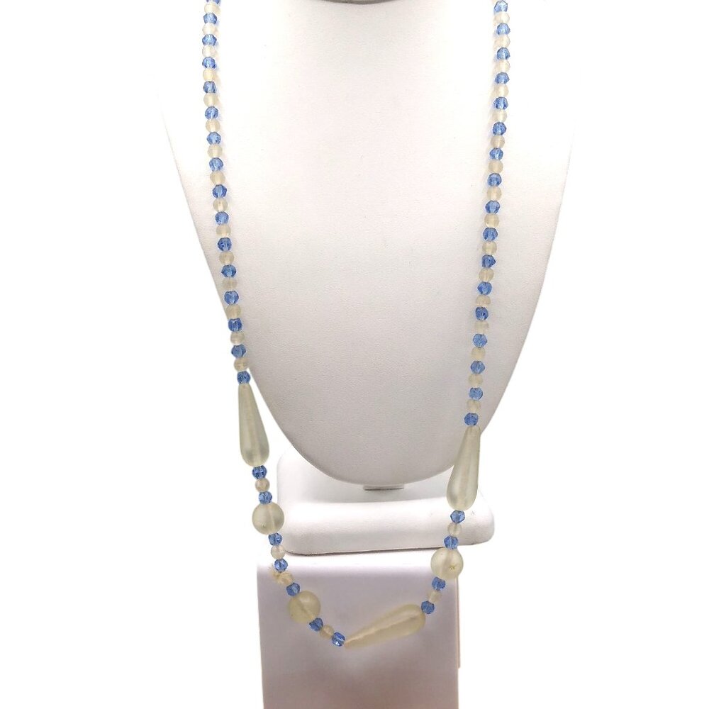 Antique Czech Glass Frosted Beads, Long Beaded Strand Flapper Necklace, Clear